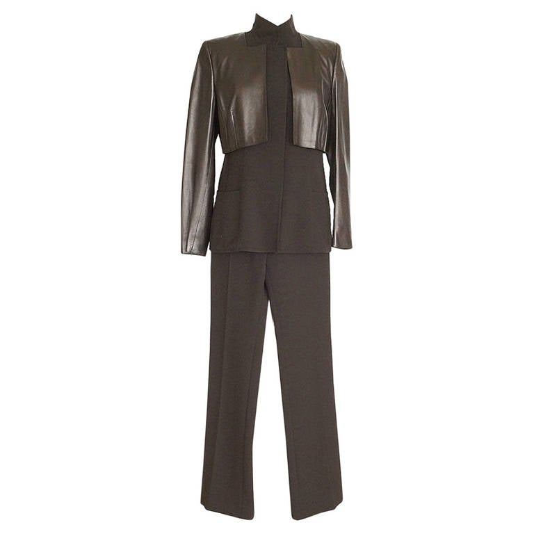 Akris Pant Suit Three (3) Piece Long Vest Supple Leather Bolero Jacket 10