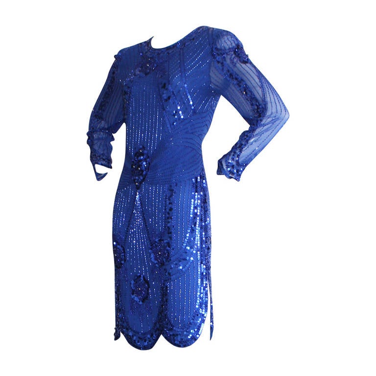 Extraordinary Vintage Lanvin Blue Sequin Flapper Dress at 1stDibs