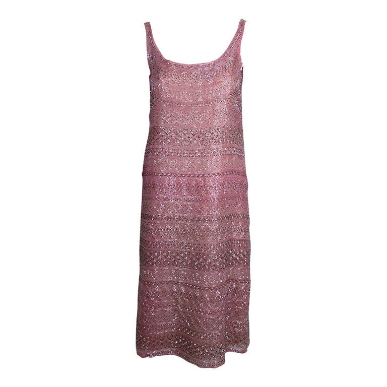 Halston 1970s Blush Pink Beaded Party Dress For Sale