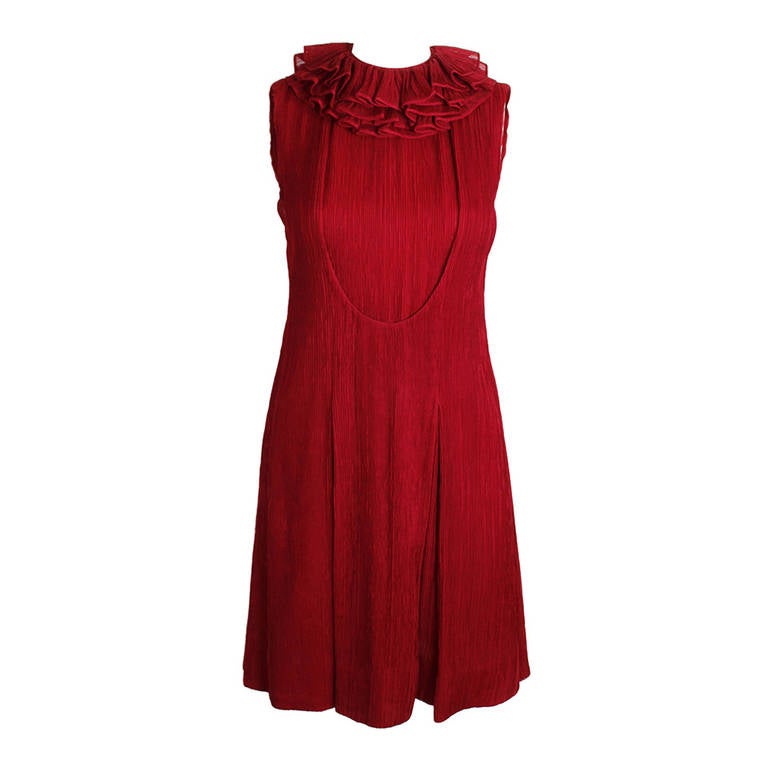 Galanos 1980s Red Micropleated Cocktail Dress with Ruffle Collar For Sale