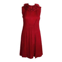 Galanos 1980s Red Micropleated Cocktail Dress with Ruffle Collar