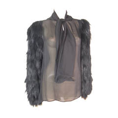 Roberto Cavalli Black Silk and Fur Sleeve Blouse