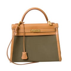 Hermes Kelly 32 Khaki Cotton GHW