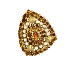 Chanel 2011 Pearl & Amber Enamel Stone XL Cocktail Ring sz 6.5