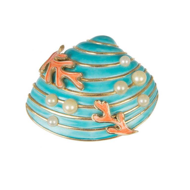 Crown Trifari Enameled Sea Shell Brooch with Faux Pearls and Coral