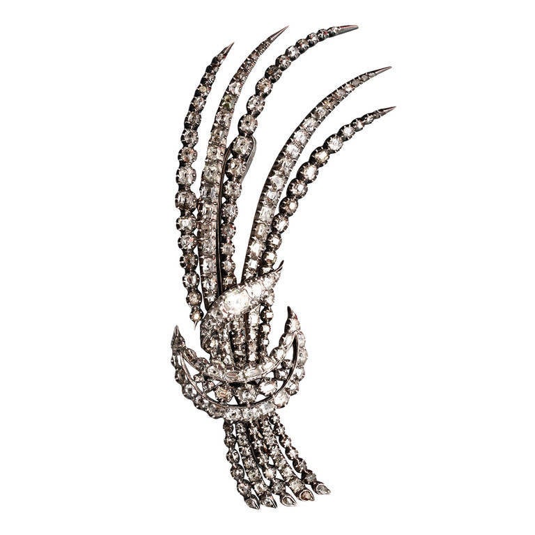 19th Century Plume-Shaped Diamond Silver Gold Aigrette Brooch For Sale