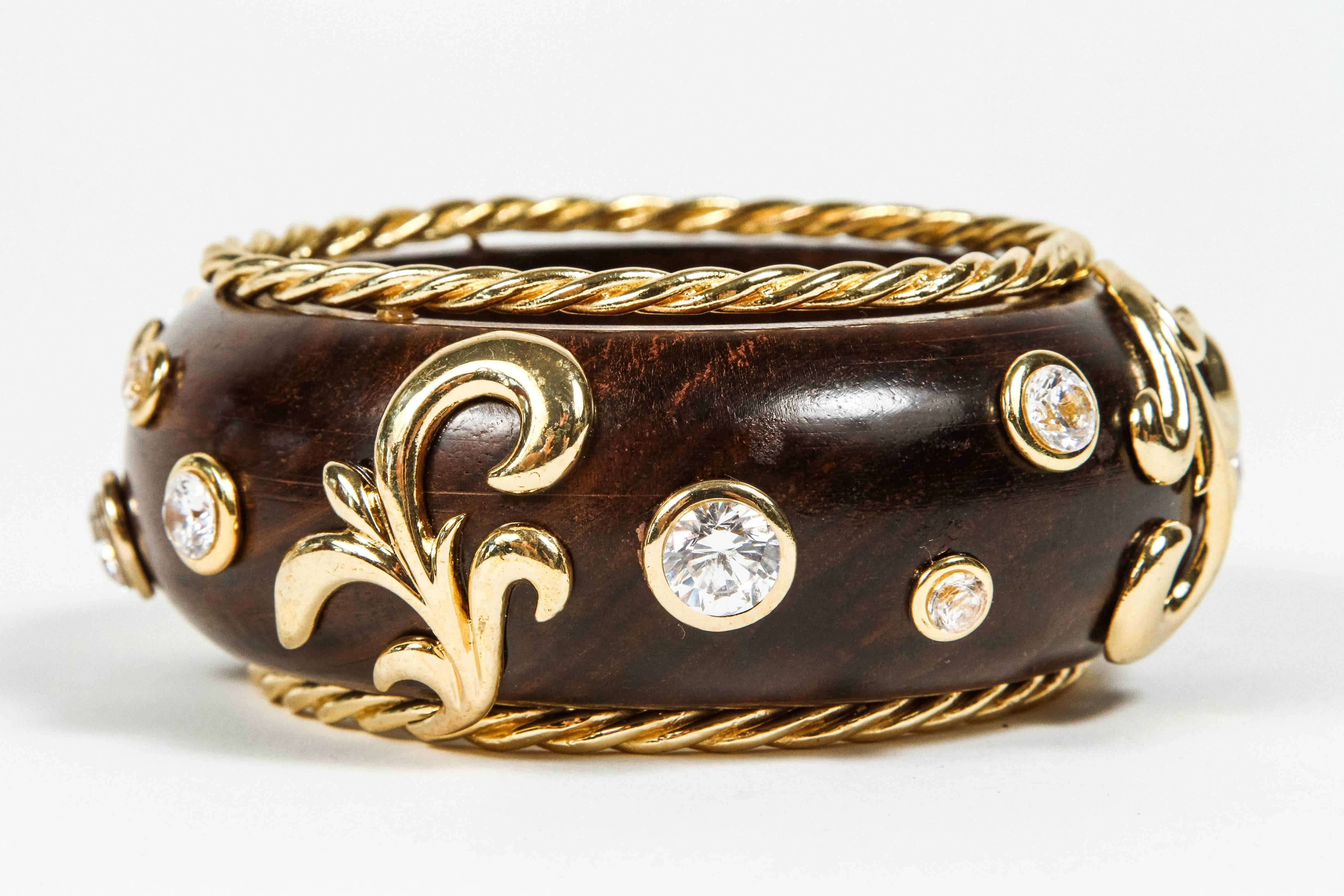 Beautiful Gilt Metal Rhinestone and Wood Bangle by Dominique Aurientis In Excellent Condition In Palm Desert, CA