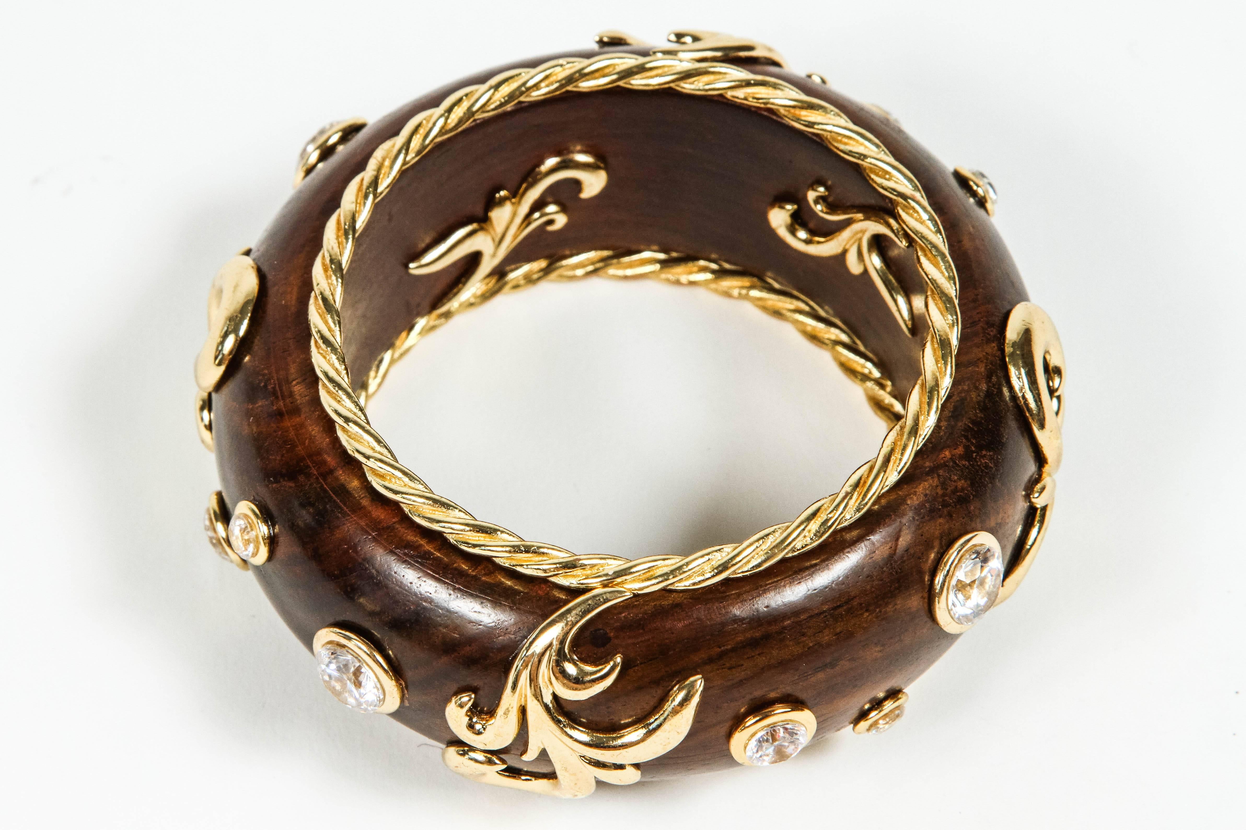 Beautiful Gilt Metal Rhinestone and Wood Bangle by Dominique Aurientis 2