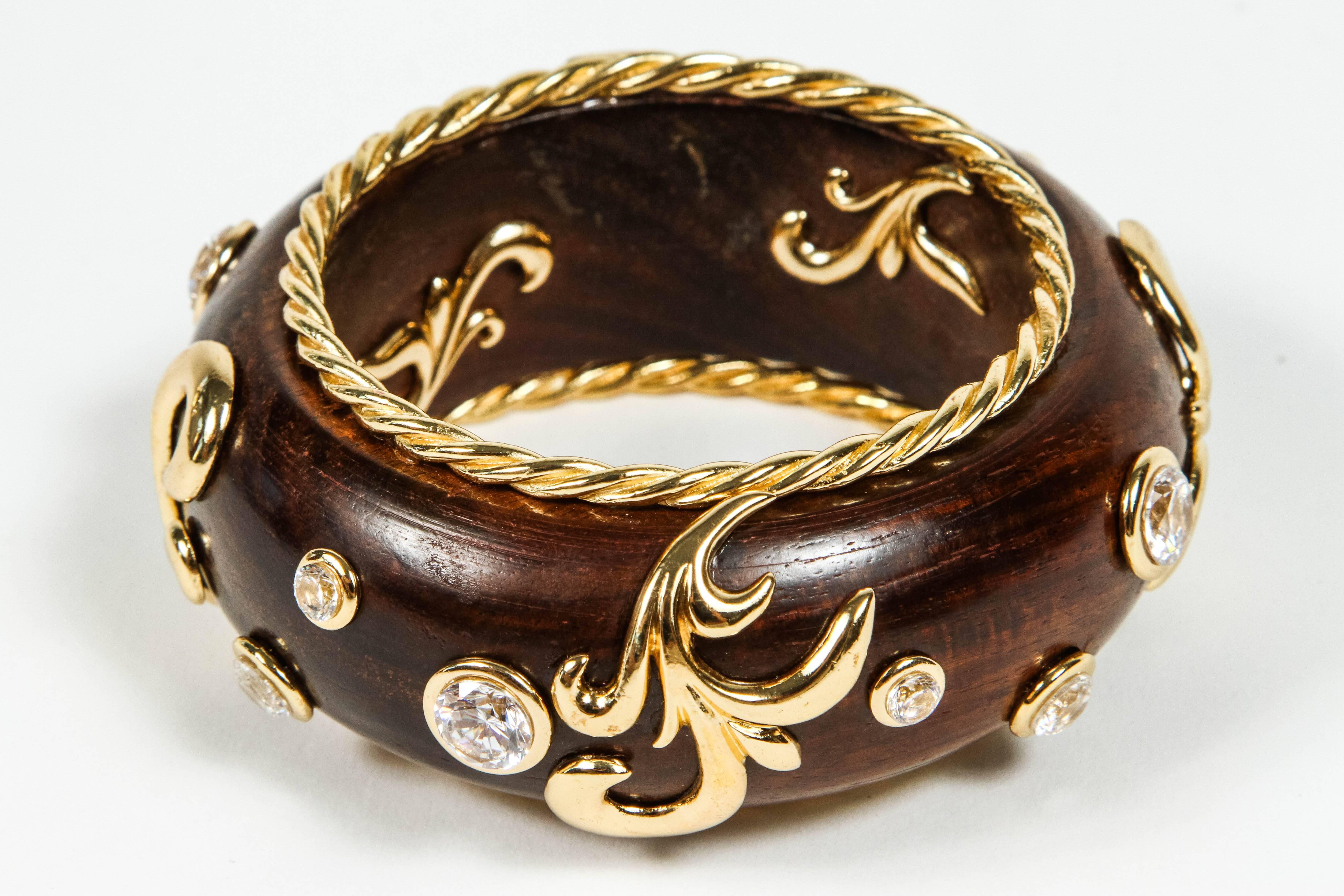Beautiful Gilt Metal Rhinestone and Wood Bangle by Dominique Aurientis 3