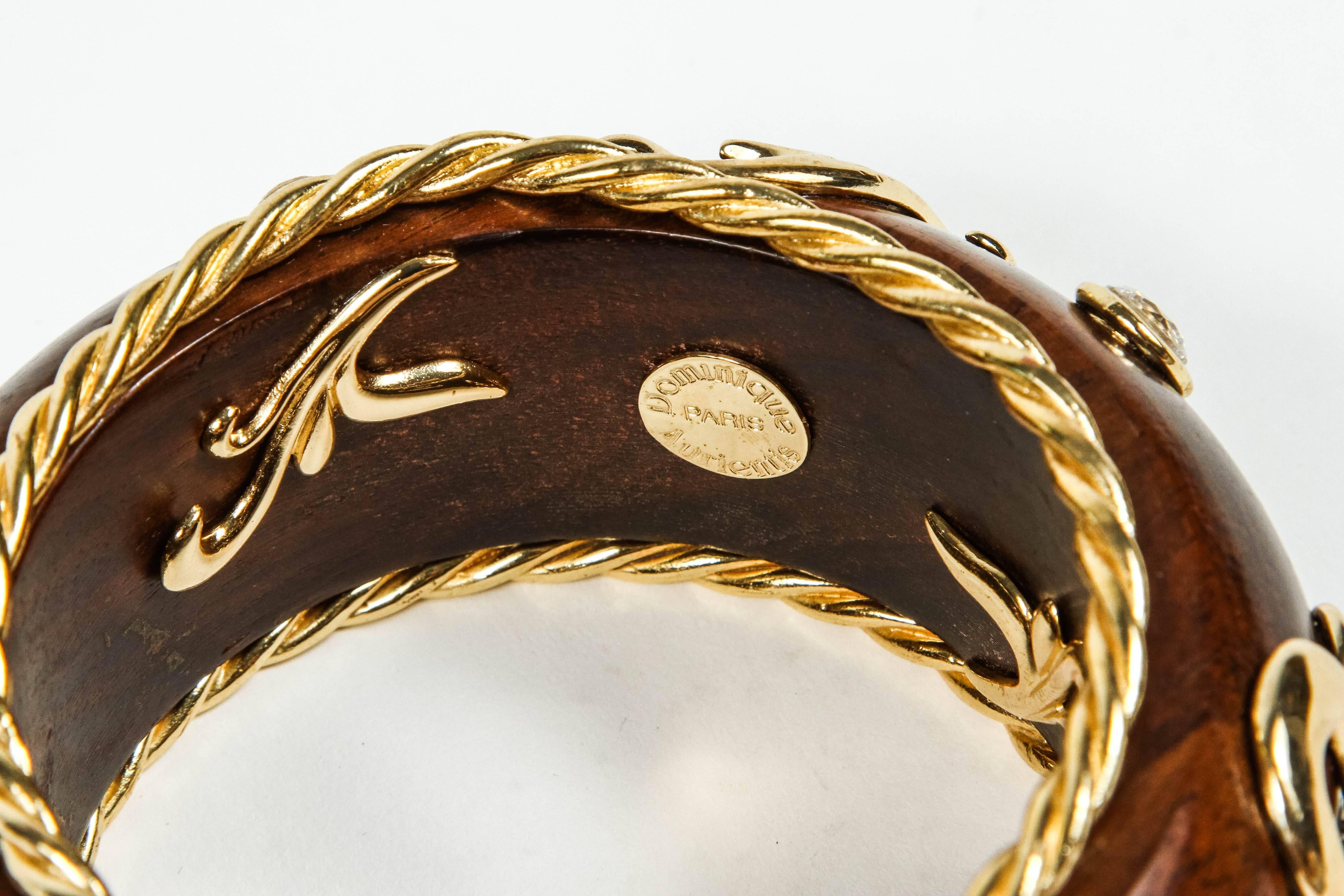 Beautiful Gilt Metal Rhinestone and Wood Bangle by Dominique Aurientis 4