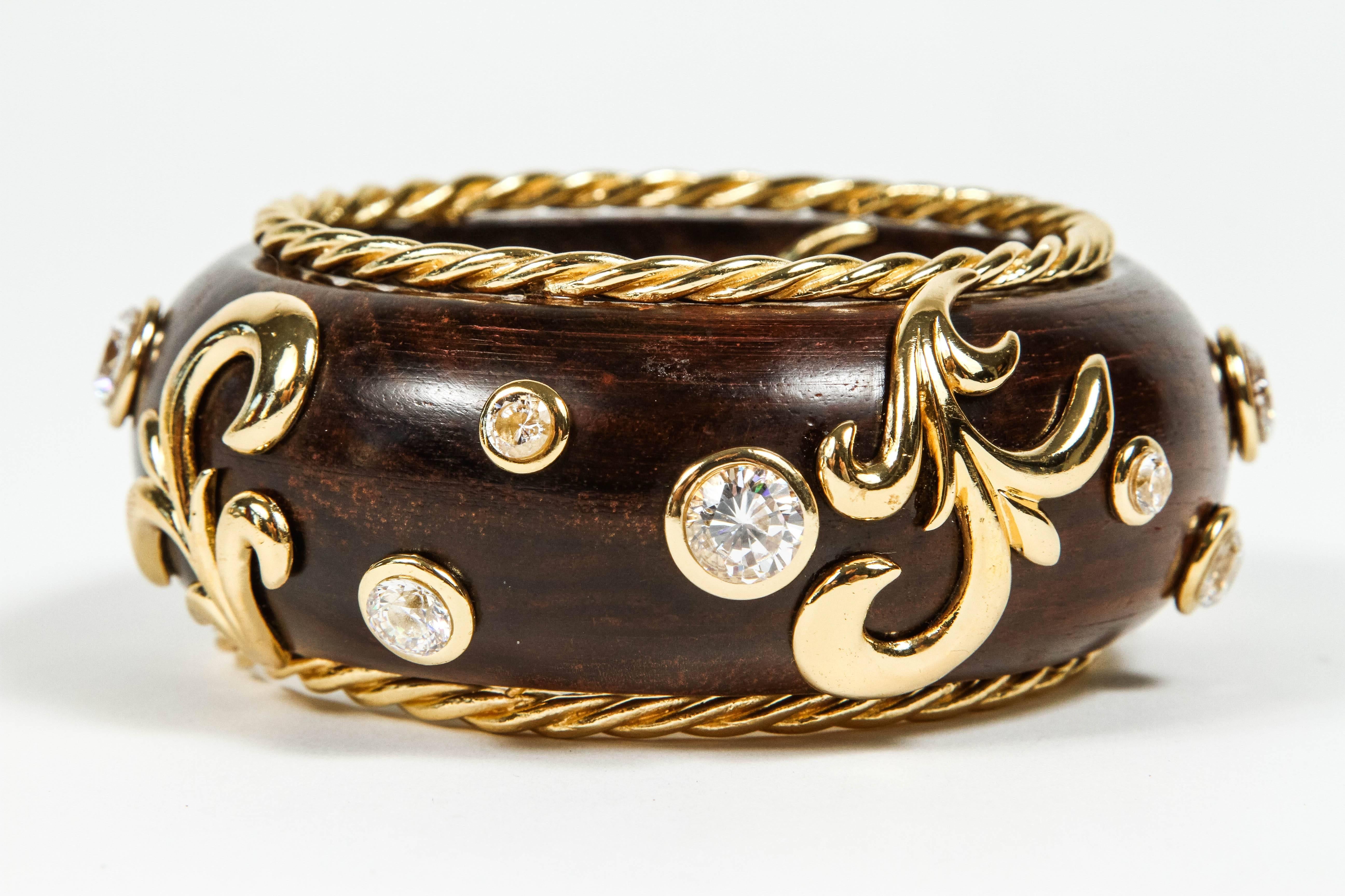 Women's Beautiful Gilt Metal Rhinestone and Wood Bangle by Dominique Aurientis