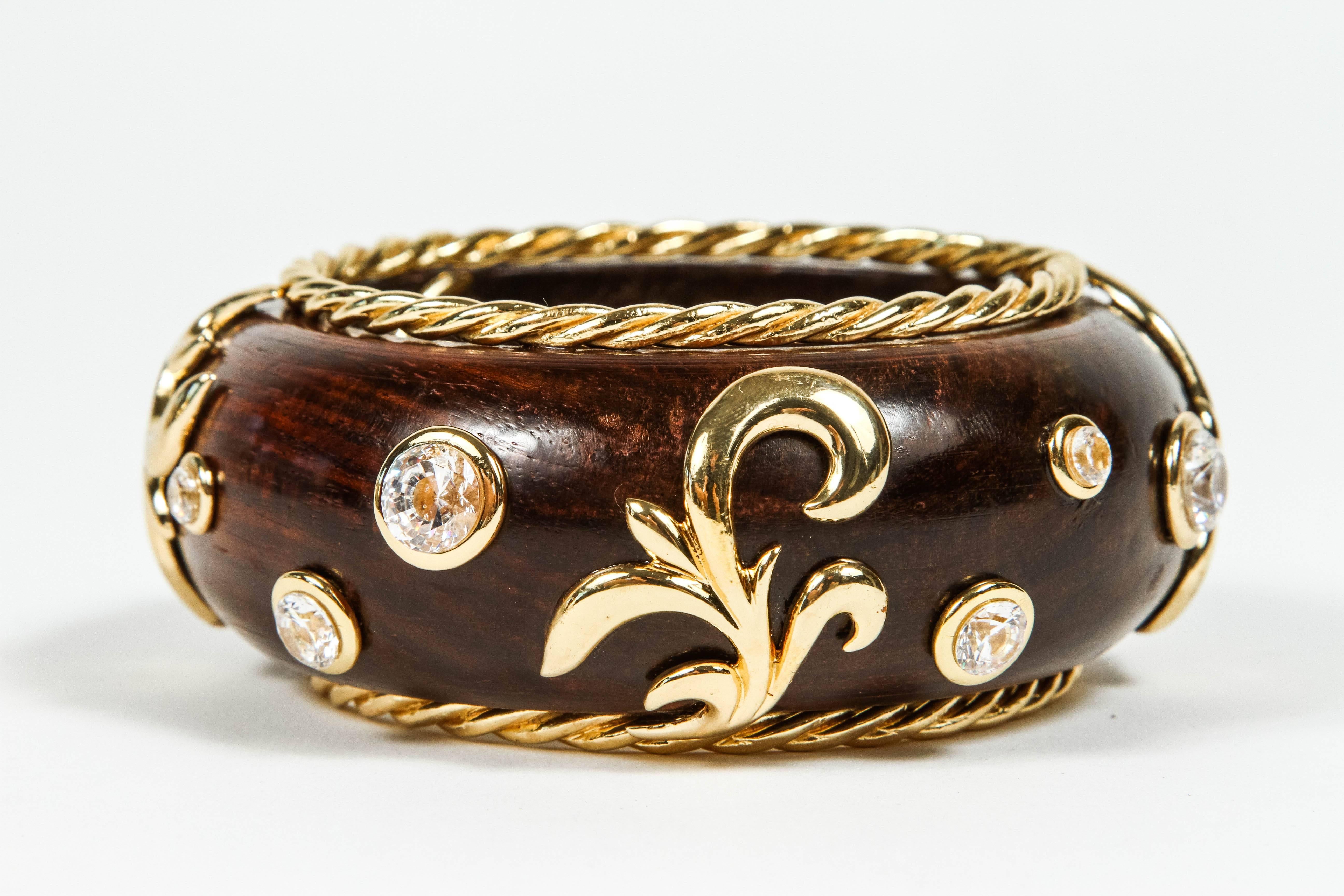 Beautiful Gilt Metal Rhinestone and Wood Bangle by Dominique Aurientis 1