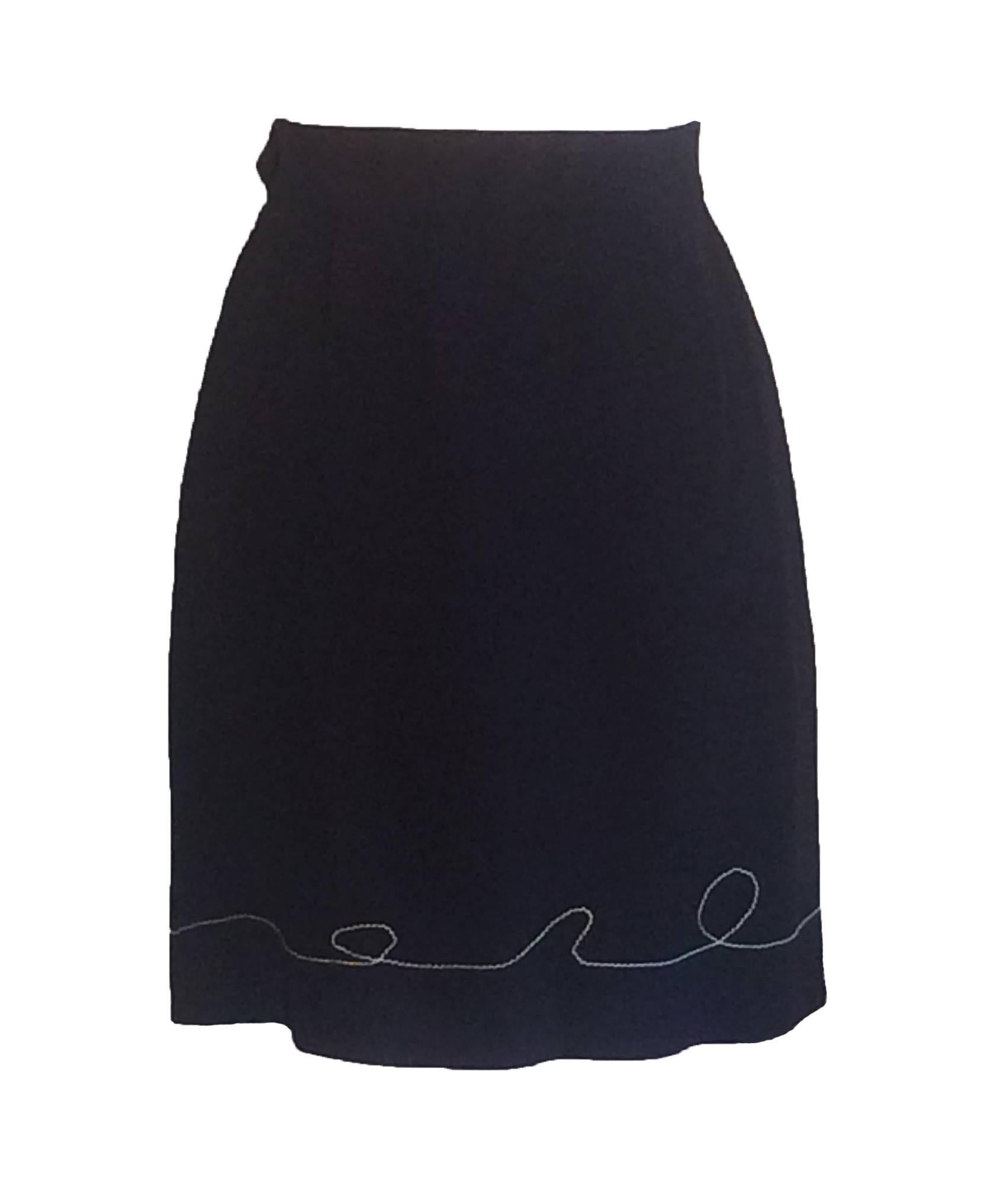 Moschino Cheap & Chic 1990s black skirt with contrast stitched heart and loops at hem. Side zip & cloth covered button.

52% rayon, 48% acetate.
Fully lined in 60% acetate, 40% rayon.

Made in Italy.

Size IT 44, US 10. Runs small.
Waist