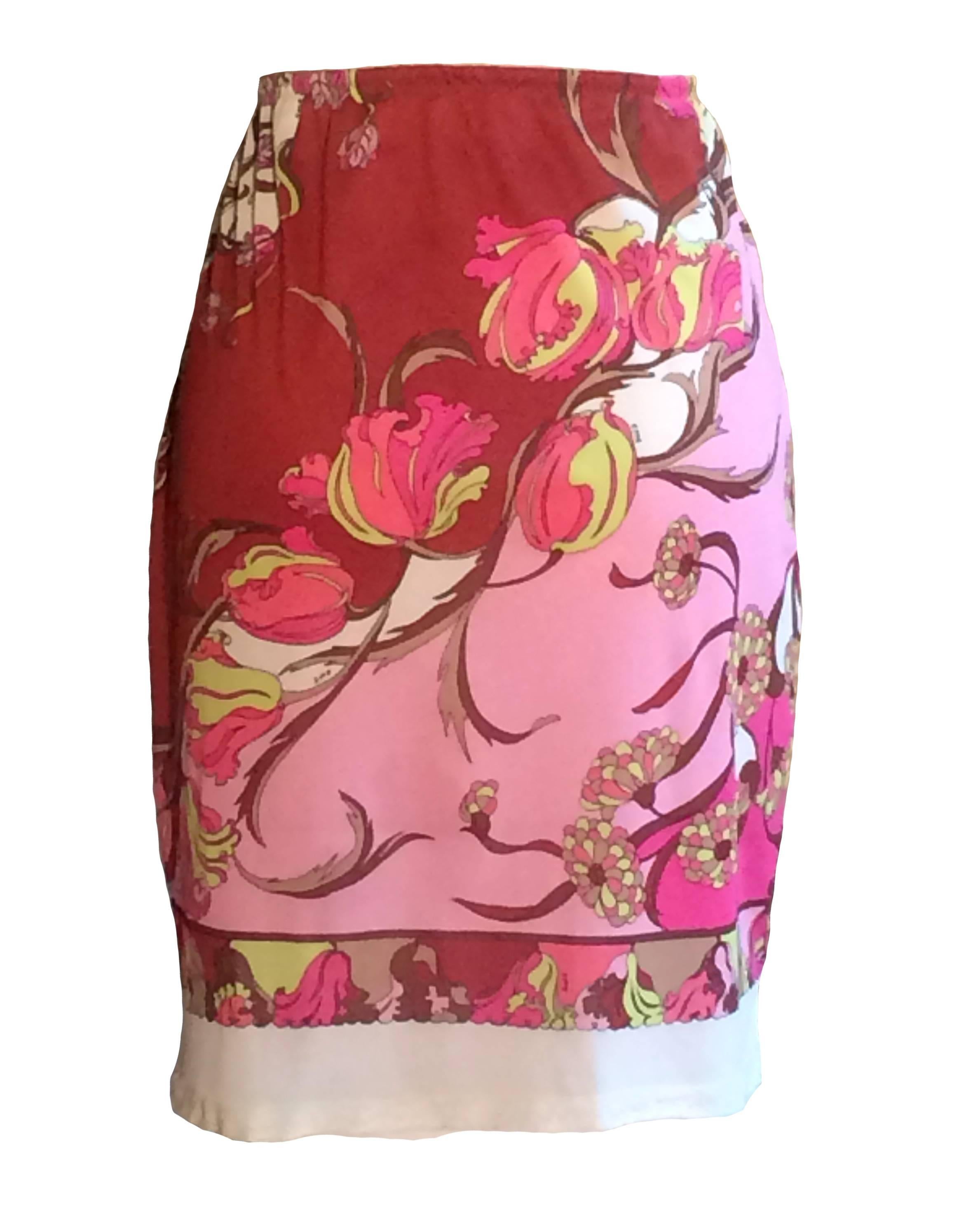 Emilio Pucci for Formfit Rogers 1960's pink floral Pucci print slip skirt with elastic waist and lace trim. Signed EPFR throughout. Makes a great pool cover up!

No content label, feels like a synthetic.

Created in Italy, made in USA.

Size