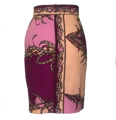 Emilio Pucci 1990s Pink and Maroon Pucci Feather Print Pencil Skirt