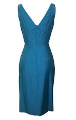 Anita Modes 1960s Teal Wiggle Dress with Pearl and Rhinestone Embellishment