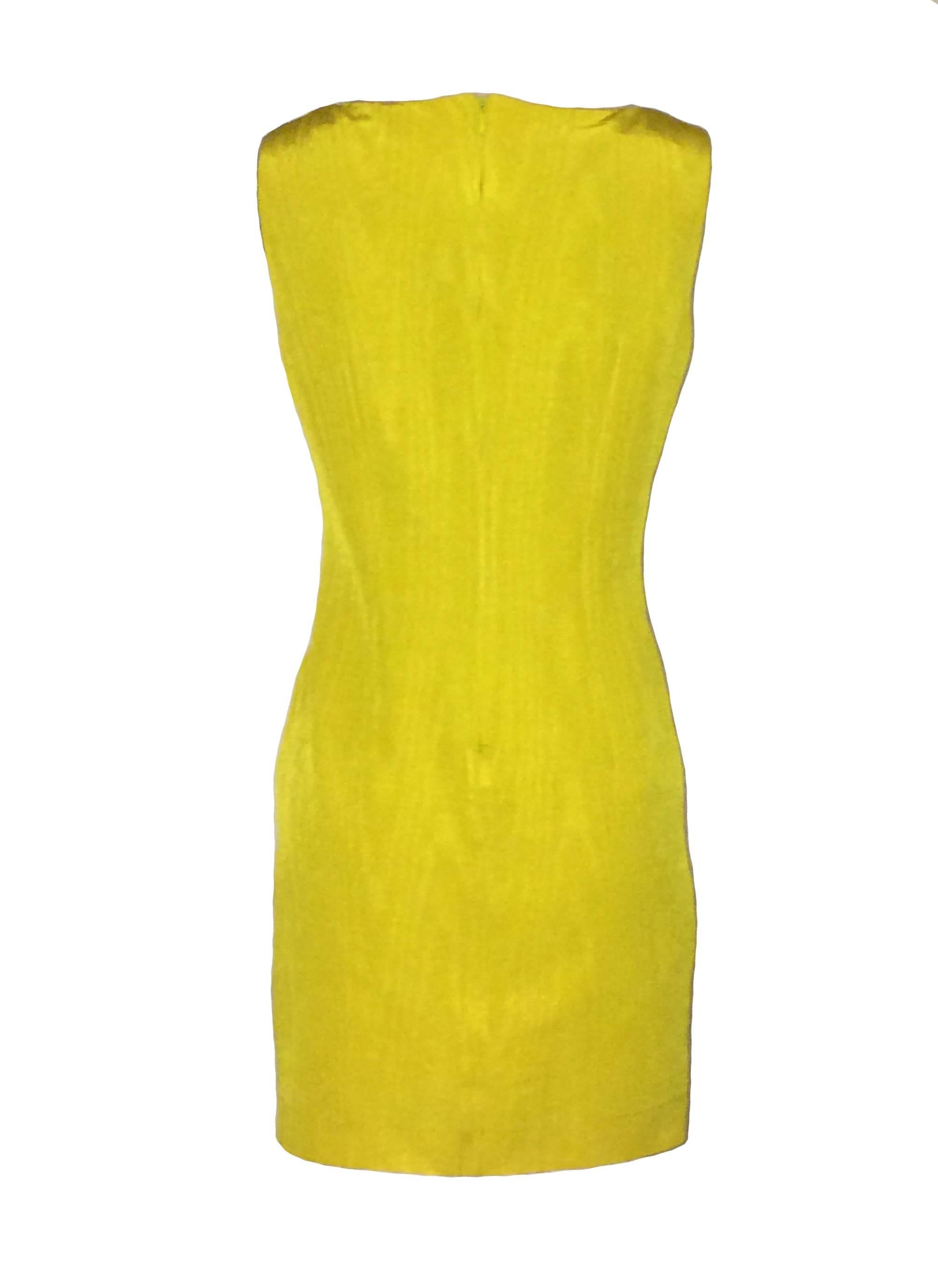 Moschino Cheap & Chic 1990s yellow shift dress in a moire print. Grosgrain-like fabric.  Back zip.

54% cotton, 46% acetate. 
Fully lined in 60% acetate, 40% rayon.

Size IT 46, US 12. Fits like modern 8, see measurements.
Bust 37