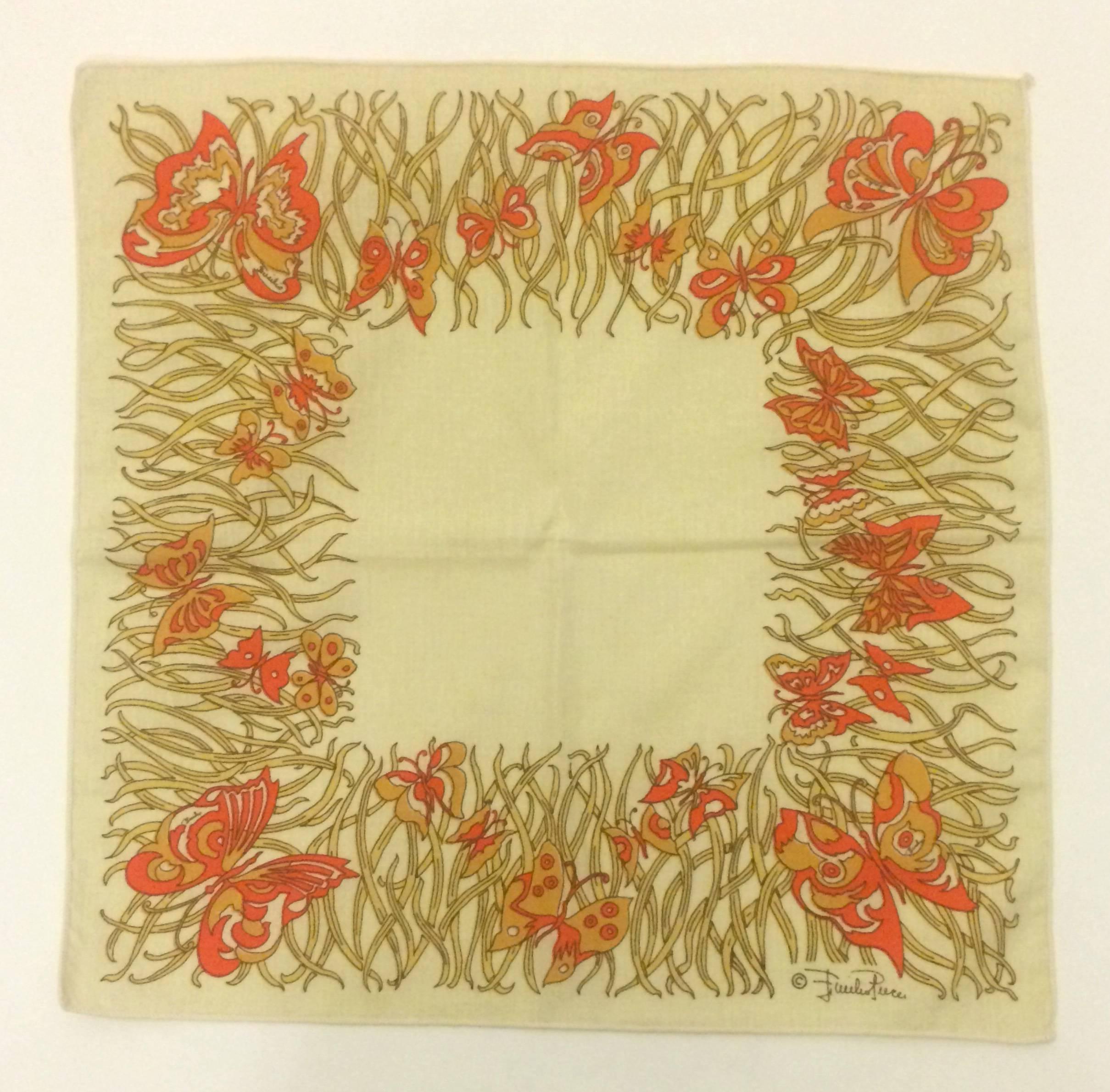 Emilio Pucci 1970s cream and orange butterfly print cloth napkins. Set of four.

Signed 'Emilio Pucci' at corners and 'Emilio' throughout print.

Fabric content unknown, feels like a lightweight cotton/linen.

16 1/2