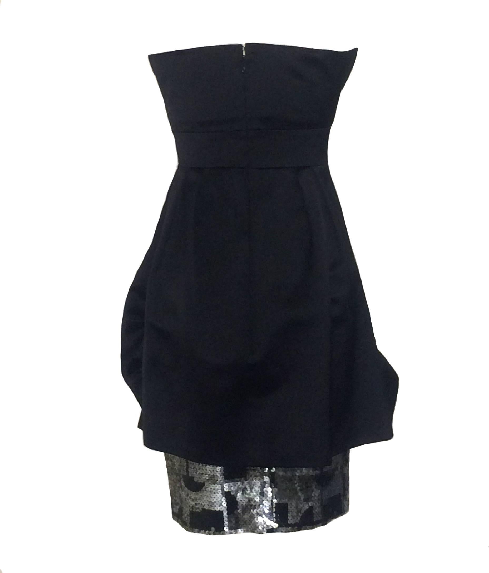 Christian Lacroix black silk draped bubble skirt cocktail dress with geometric silver and black sequin trim peeking out from skirt and on one side of top chest. Very thin spaghetti straps that can be worn or tucked in. Back zip and hook and eye.