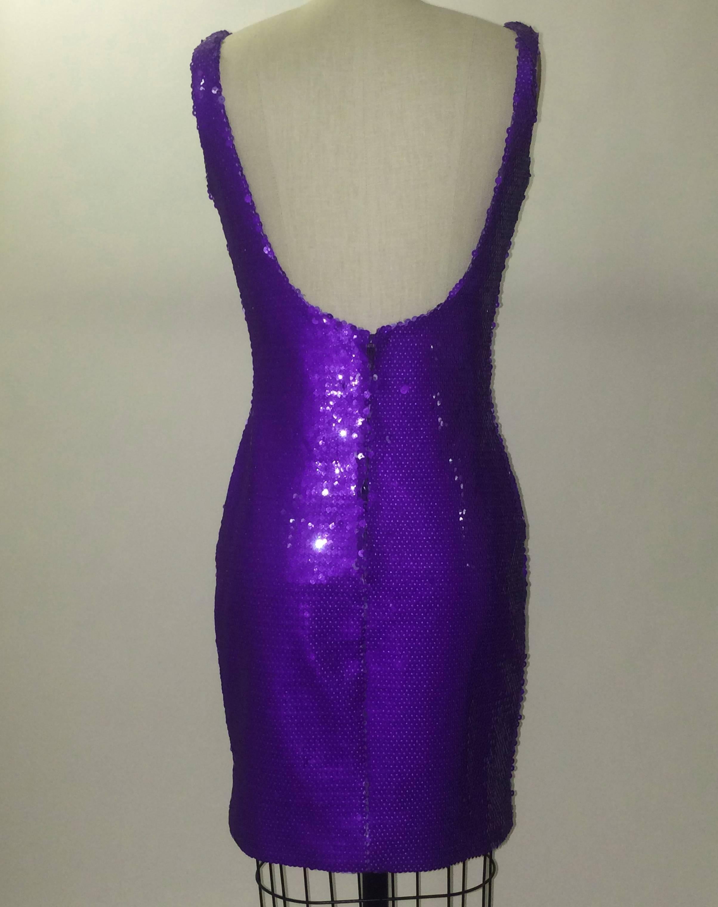 Stephen Sprouse vintage 1980's purple sequin covered scoop back sleeveless dress. Zip and hook and eye at back.

84% polyester, 16% lycra.

Made in USA of imported fabric. 

Labelled size 6, runs small (fits more like modern 4, see