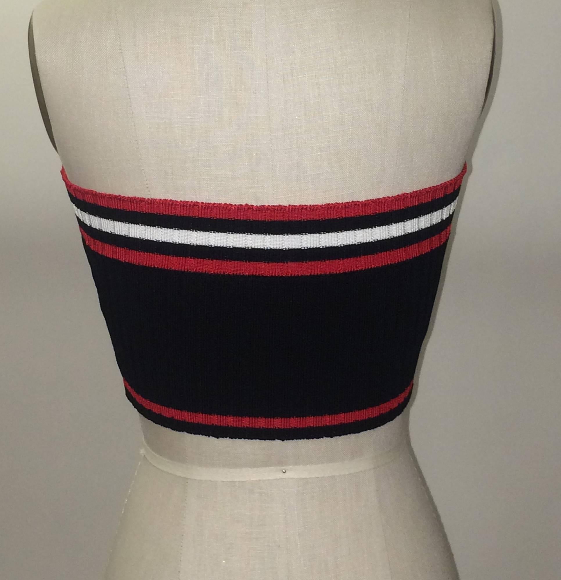 Prada red, white and navy wide rib knit cropped tube top. 

100% viscose.

Made in Italy.

Size IT 40, approximate US 4. (Very stretchy, measurements taken unstretched.)
Bust 22