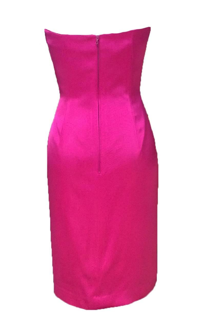 Vintage 80s Patrick Kelly strapless pencil dress in pink satin. Back zip. Fully lined.

Shell and lining 100% acetate.

Size FR 38 or approximately US 6. Runs small, see measurements.
Bust 33“. 
Waist 26“. 
Hip 38“.

Made in France.

Good condition.