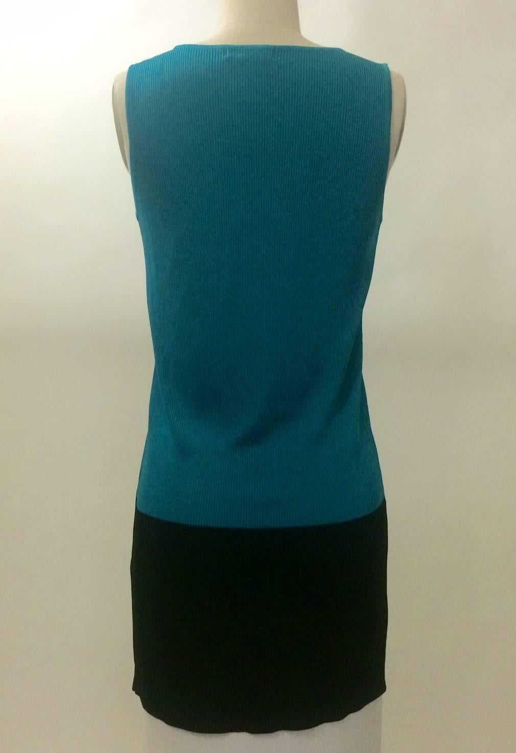 Issey Miyake 1990s teal blue and black rib knit sweater tank dress with scoop neck. 

100% acrylic.

Made in Japan.

Size XS. (Stretchy, measurements taken unstretched.)
Bust 30
