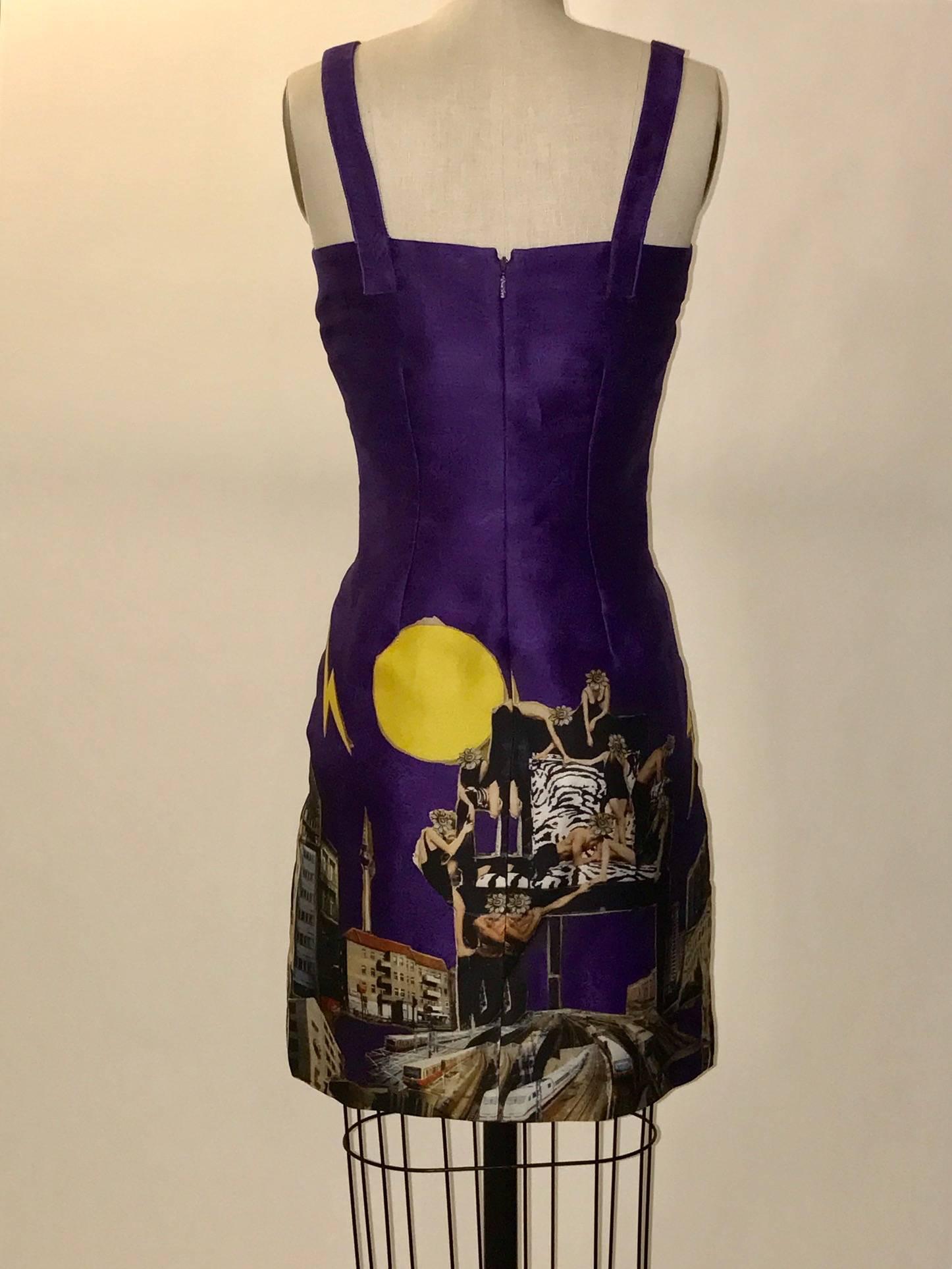 Versace Fall 2008 purple silk sleeveless dress printed with a collage of Dutch artist Tim Roeloffs' photography. Flower-headed models climb a giant chair amid a city scape at front and back skirt. Back Versace-branded zip.

100% silk. 
Fully lined