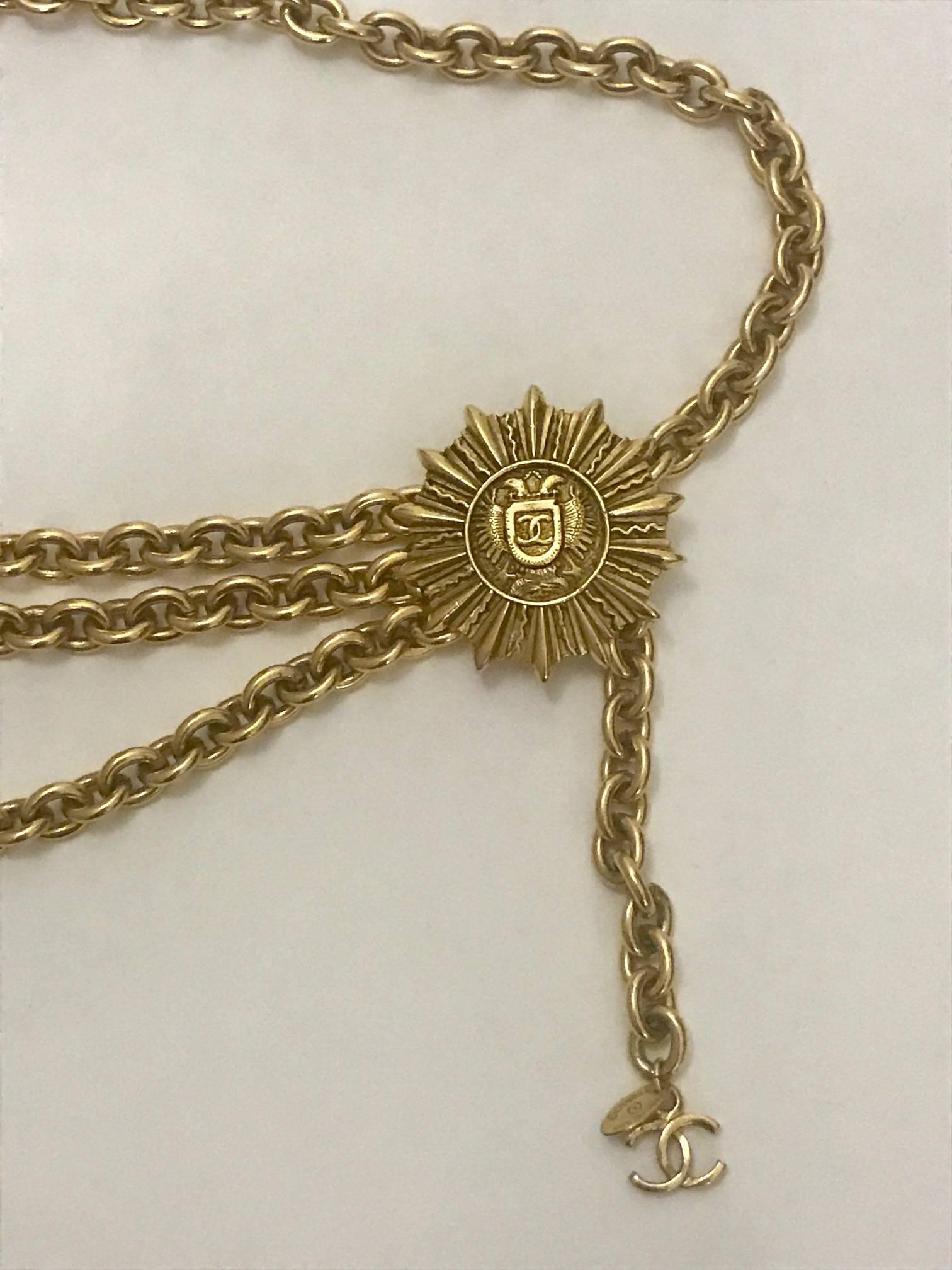 Brown Chanel Vintage Gold Chain CC Logo Sunburst Eagle Shield Medallion Belt, 1980s 