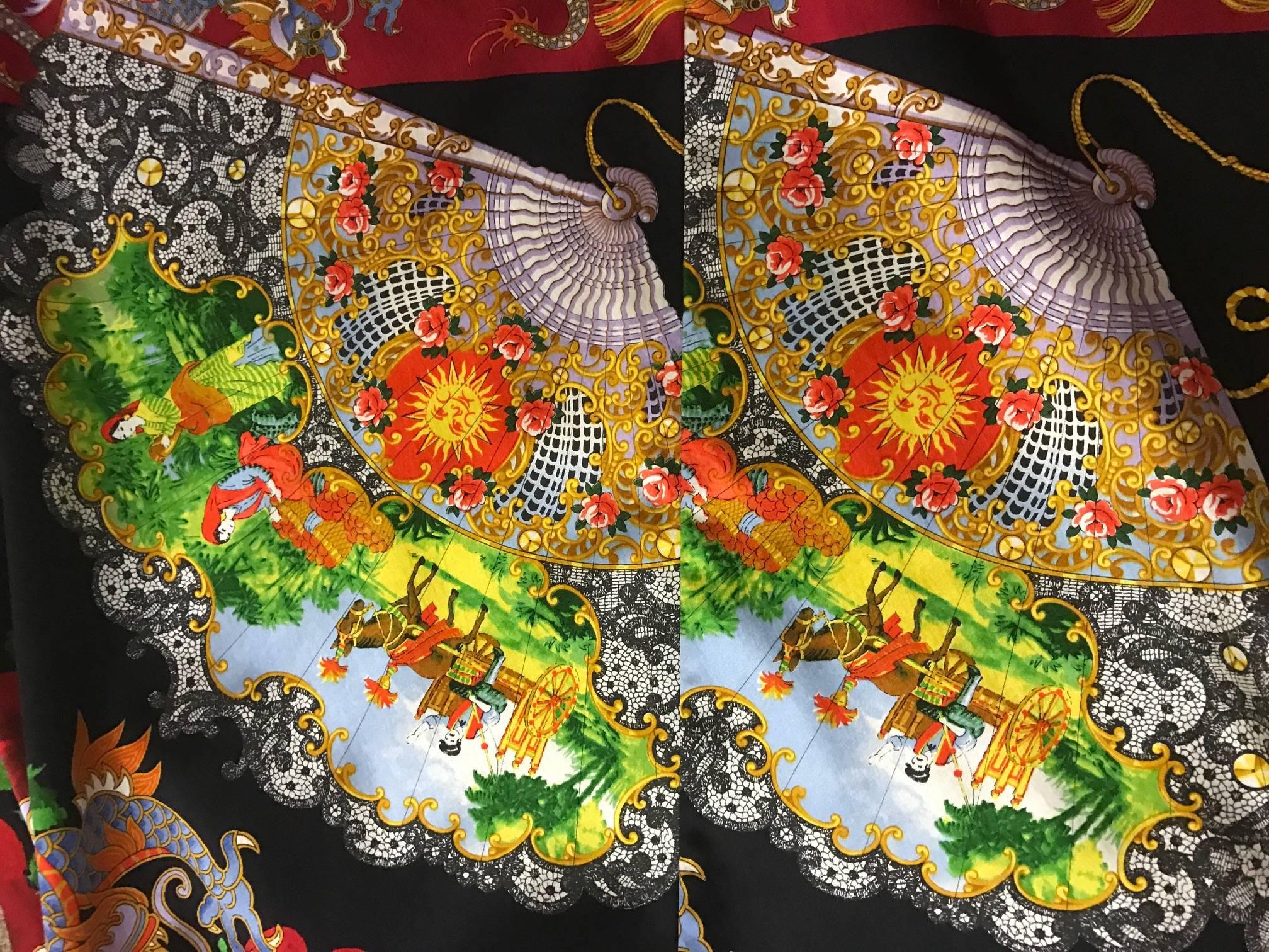 Dolce & Gabbana 1999 Chinese Inspired Dragon and Fan Print Wiggle Maxi Skirt In Excellent Condition In San Francisco, CA