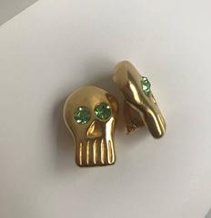 1980s BillyBoy* Surreal Bijoux Gold Tone and Green Crystal Skull Earrings