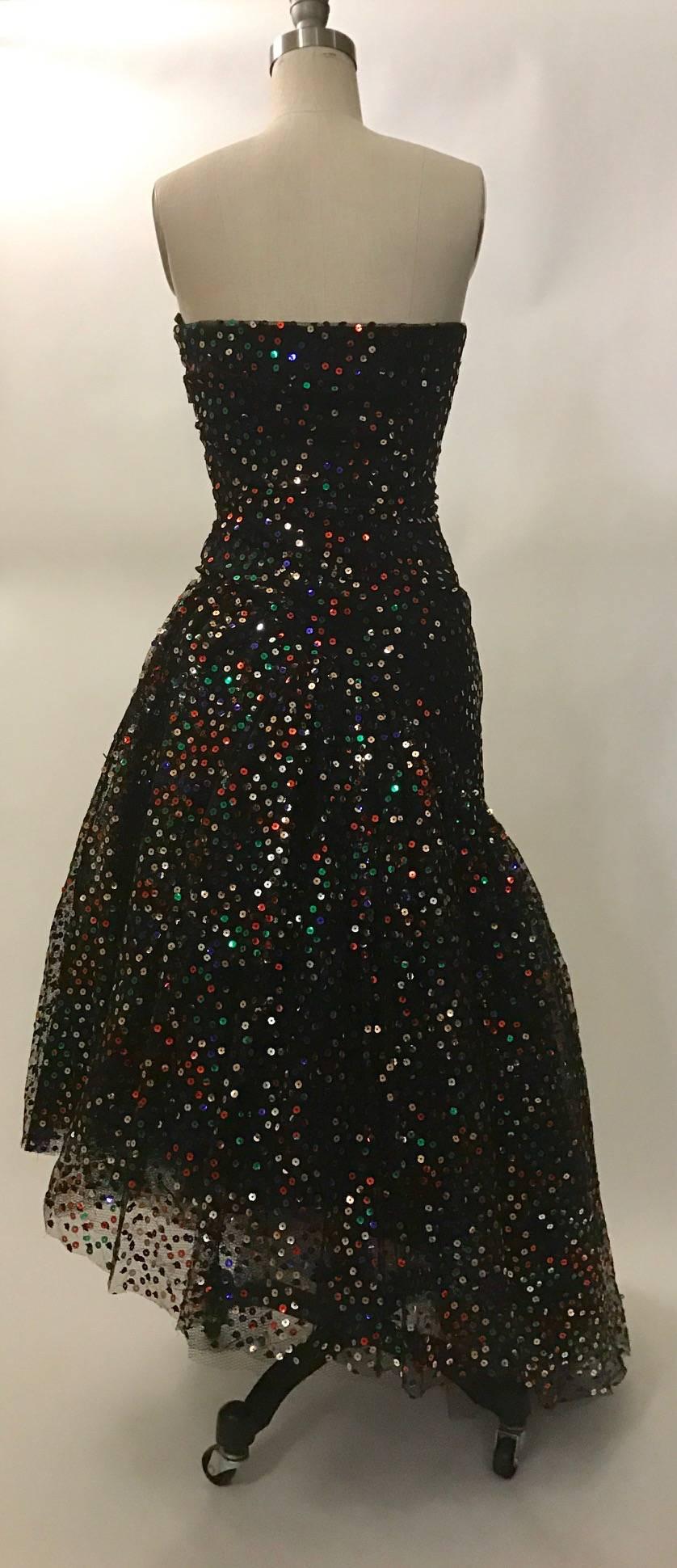 Scaasi Boutique for Bergdorf Goodman Black Strapless Sequin Tulle Gown, 1980s  In Good Condition In San Francisco, CA