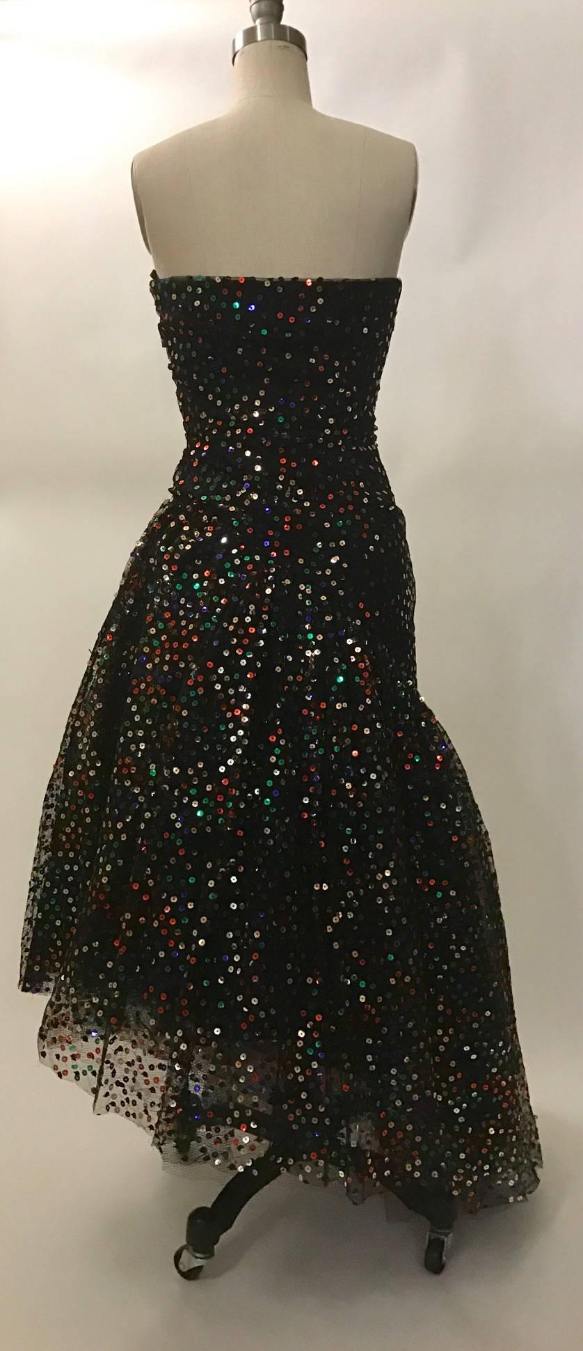 Scaasi Boutique for Bergdorf Goodman Black Strapless Sequin Tulle Gown, 1980s In Good Condition In San Francisco, CA
