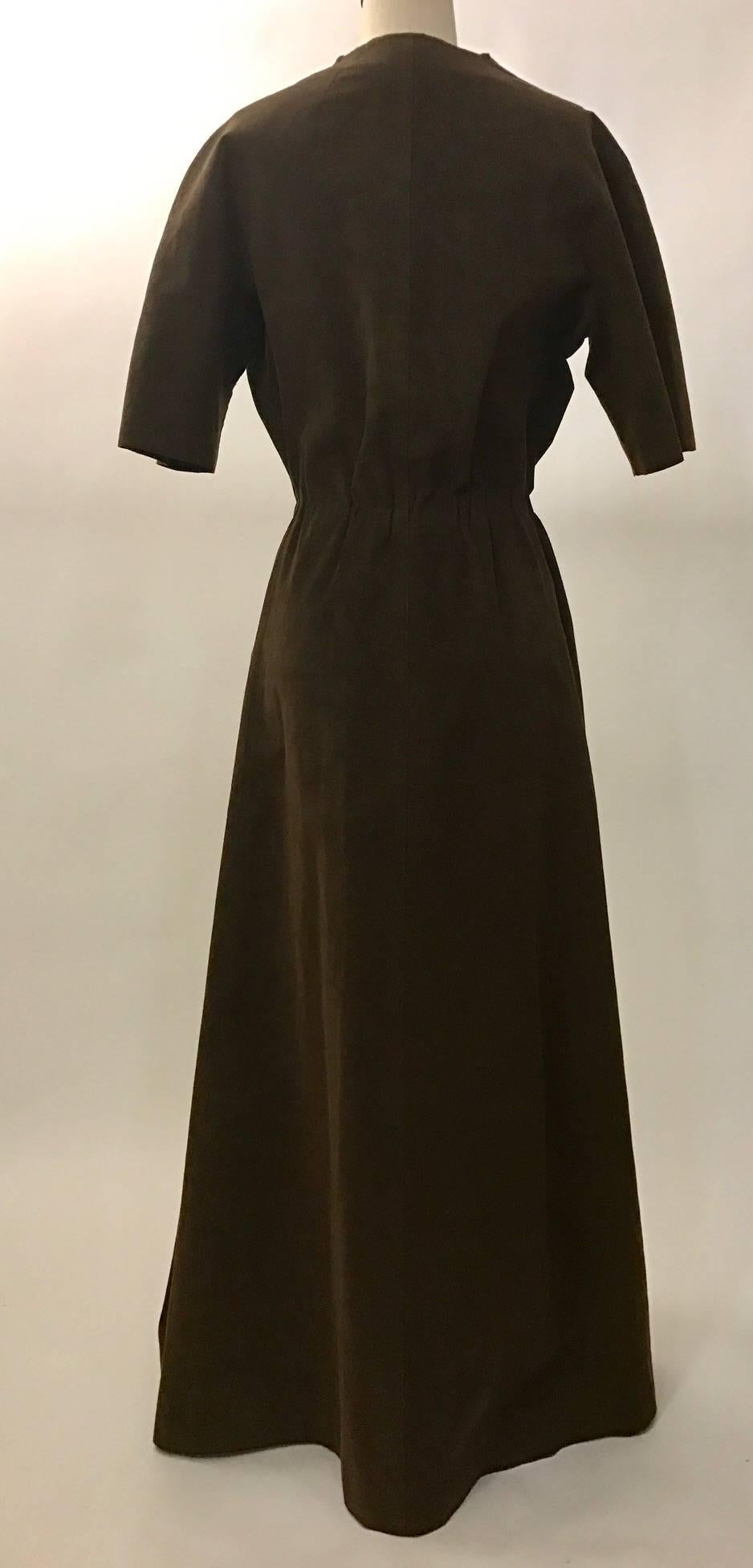 Black Halston Chocolate Brown Ultrasuede Long Maxi Coat Dress, 1970s 