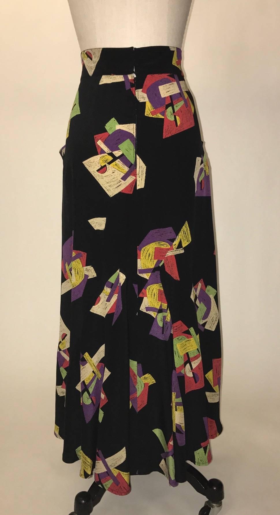 Karl Lagerfeld 1980s Black Abstract Cubist Collage Print Sik Maxi Skirt In Excellent Condition In San Francisco, CA