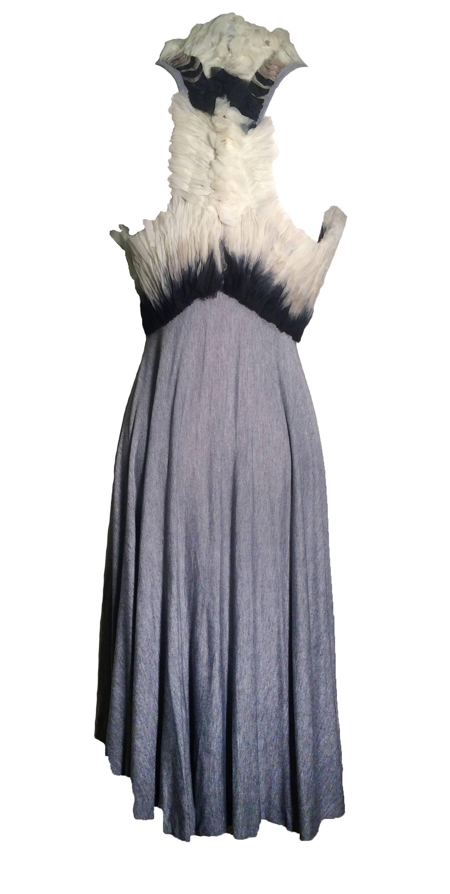 Alexander McQueen 2010/2011 collection super soft grey rayon jersey dress with an empire bodice decorated in pleated, raw edged ombre organdy. Racer back with swingy circle skirt.   Assymetrical hem is longer in center front/back than on sides. Back