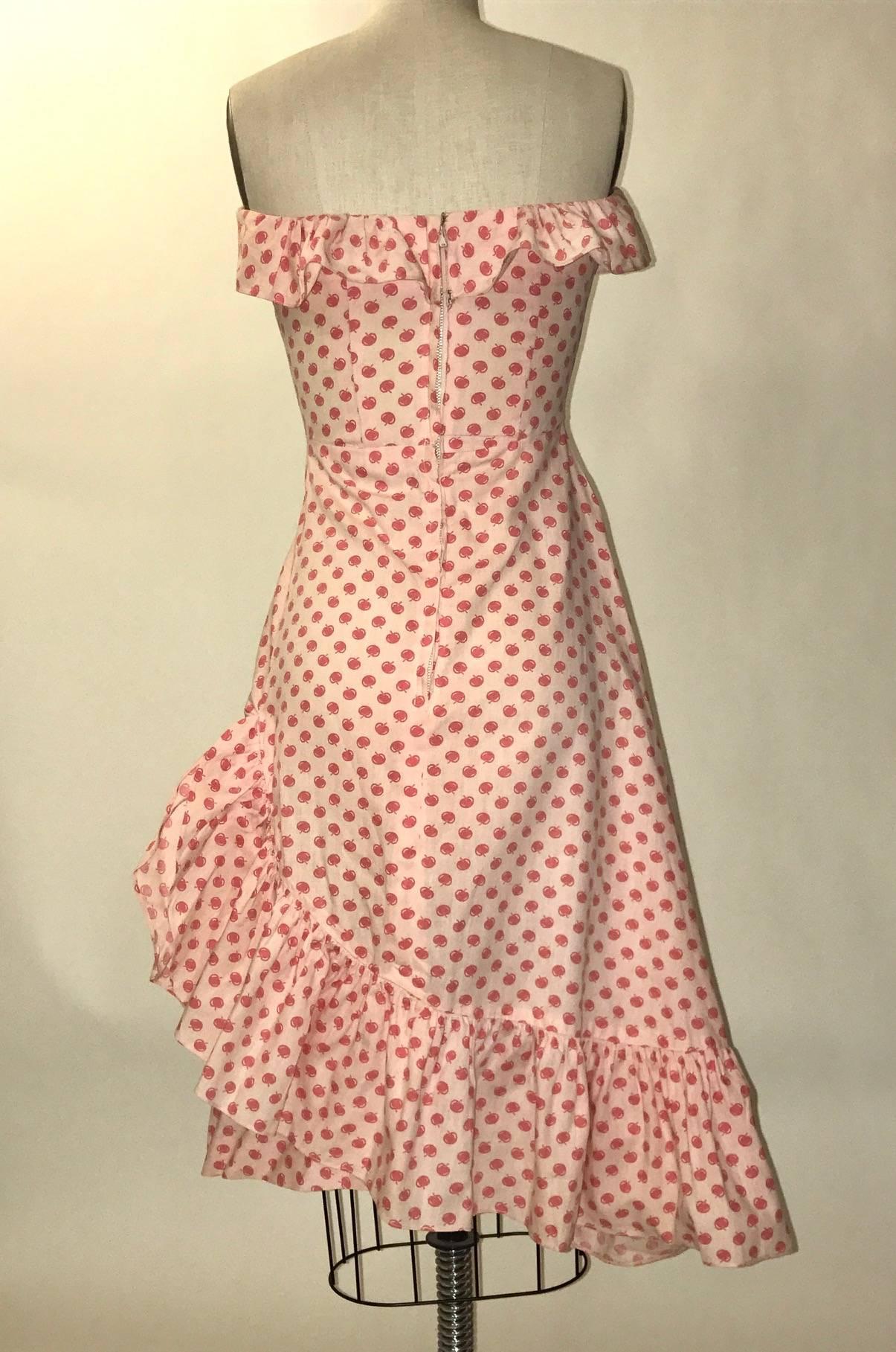 Beige Margaret Newman 1950s Pink Apple Cherry Print Ruffle Sun Dress with Shawl