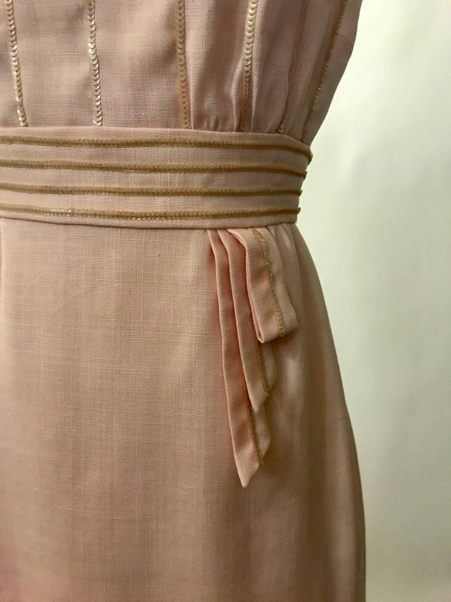Beige Peggy Hunt Pink Linen Sleeveless Shift Dress with Sequin Embellishment, 1960s  For Sale