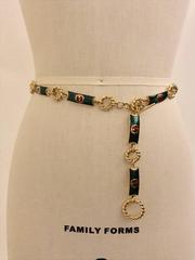 Gucci 1970s GG Logo Green and Red Enamel Gold Chain Toggle Belt or Necklace