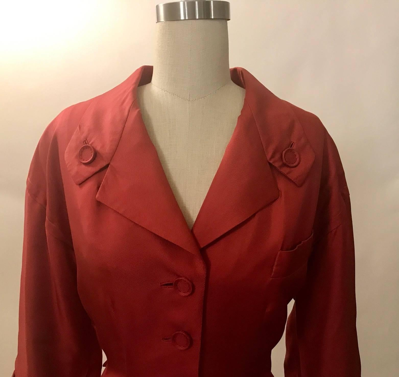 Christian Dior New York Original Early 1950s Red Silk Pencil Skirt Suit 2