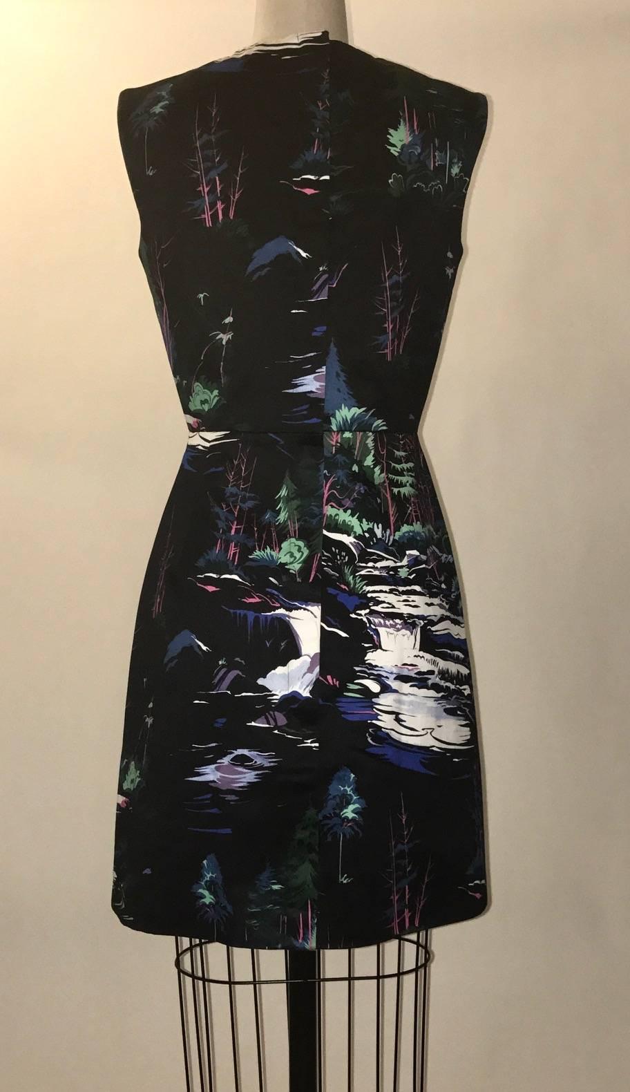 Balenciaga Paris black cotton A line sleeveless shift dress featuring a woodland scene with trees and a river. Concealed back zip (signed Balenciaga) and snap.

100% cotton. 
Fully lined in 72% acetate, 28% silk.

Made in Italy. 

Size FR 36,