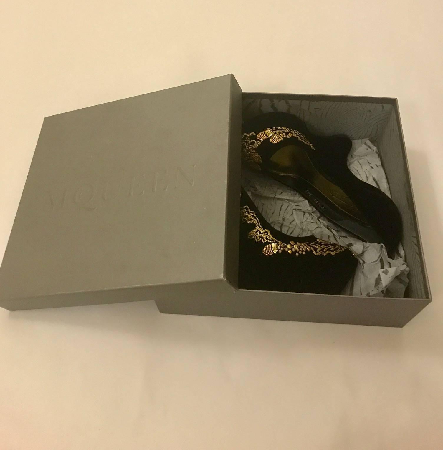 Women's New Alexander McQueen Black Velvet Gold Acorn Embroidered Armadillo Wedges Shoes