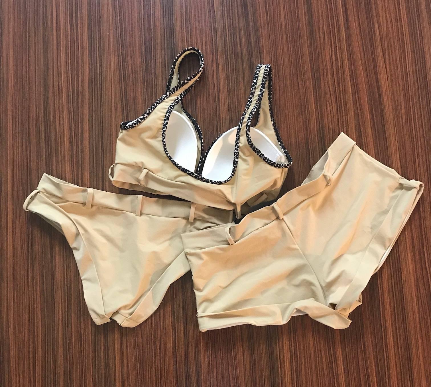 Beige Alexander McQueen 2005 Sample Tan Leopard Three Piece Bikini Swimsuit Bathing