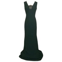 Alexander McQueen New Dark Green Lace Detail Sleeveless Silk Gown