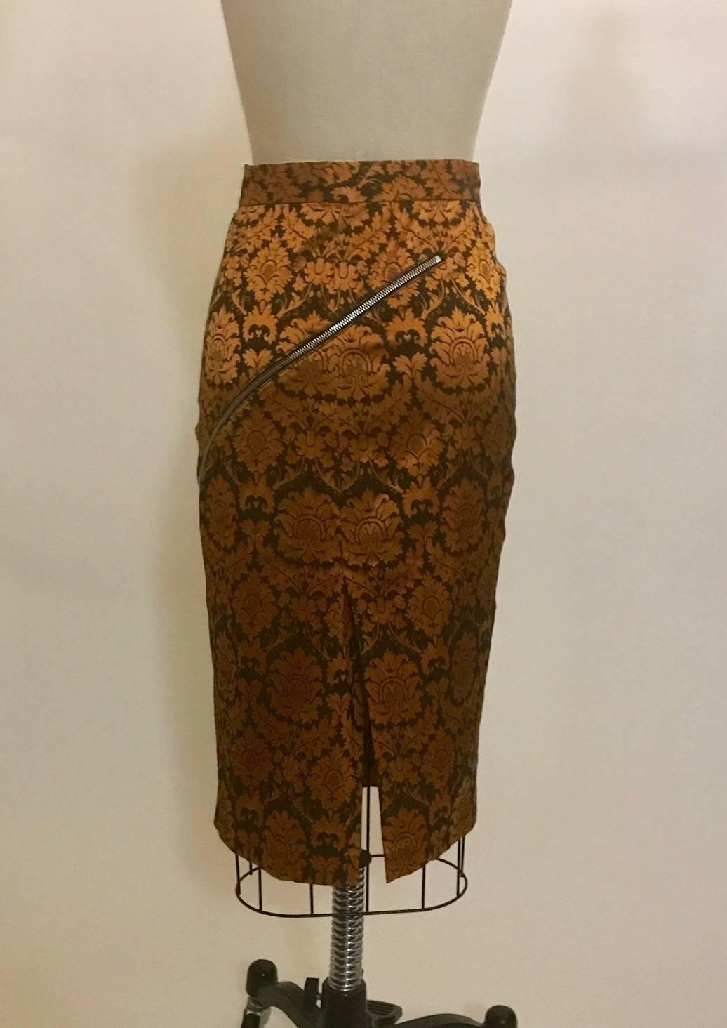 Alexander McQueen 1997 Runway Orange and Brown Brocade Zipper Pencil Skirt In Excellent Condition In San Francisco, CA