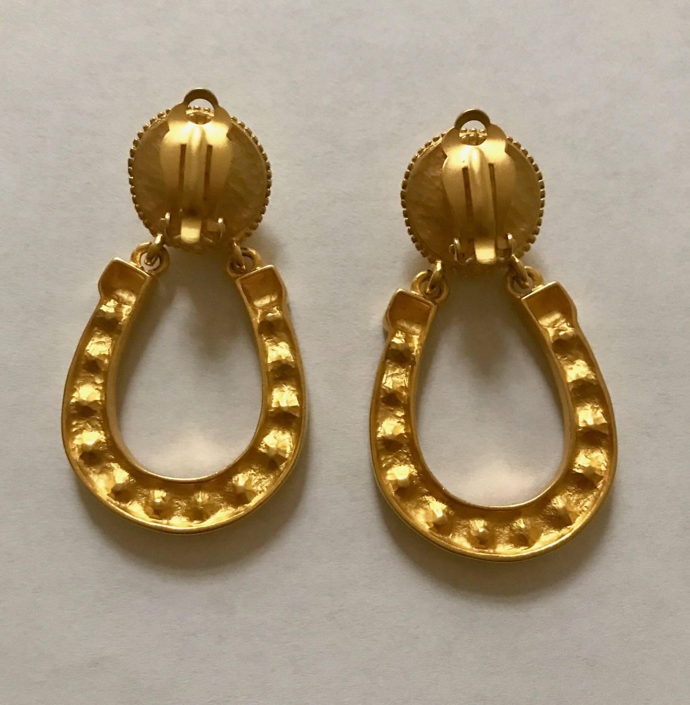 Karl Lagerfeld Gold and Pearl Lucky Horseshoe Vintage Earrings, 1990s  In Excellent Condition In San Francisco, CA