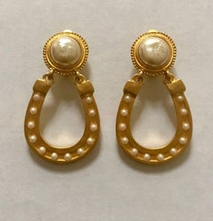 Karl Lagerfeld Gold and Pearl Lucky Horseshoe Vintage Earrings, 1990s