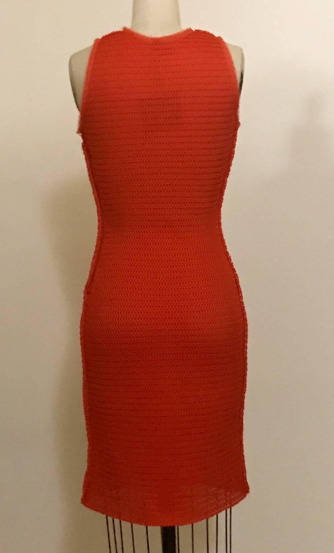 Lanvin Red Orange Knit Mesh Body Con Dress with Raw Chiffon Trim, 2013  In New Condition In San Francisco, CA