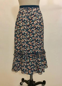 Louis Vuitton Teal Blue Cherry Apple Fruit Print Ruffle Pencil Skirt