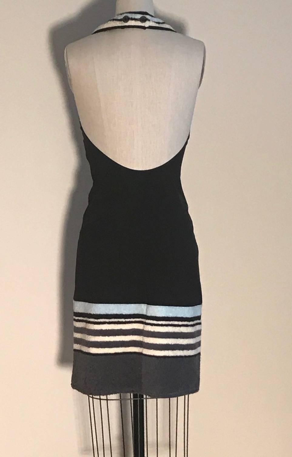 Chanel black halter neck dress with baby blue, cream and grey terry cloth stripe trim at neck and hem from the 2000 Chanel Identification line. Low back. Two buttons at back neck strap read 'Chanel, Paris.' Perfect cover up for the beach or pool